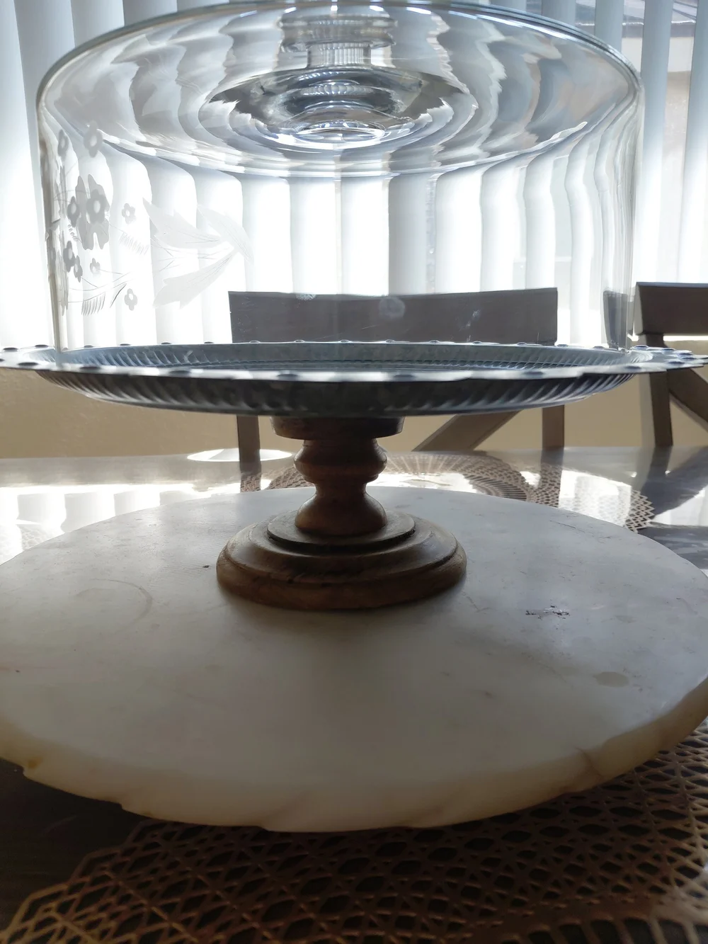 Vintage Floral Etched Glass Pedestal Cake Stand with Domed Lid